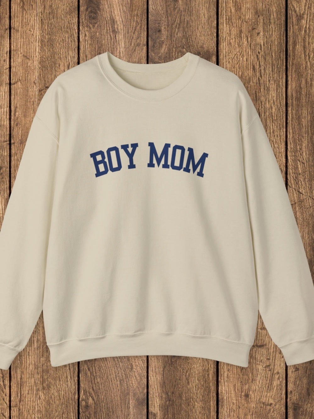 Boy Mom Crewneck Sweatshirt Sand with Navy Text Gildan Sweatshirt Unisex Large